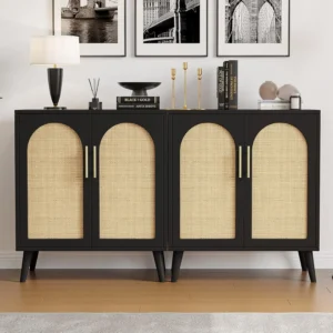 NEW Set of 2 Rattan Storage Cabinet with Doors, Accent Bathroom Floor Cabinet, Modern Sideboard Buffet Cabinet for Living Room
